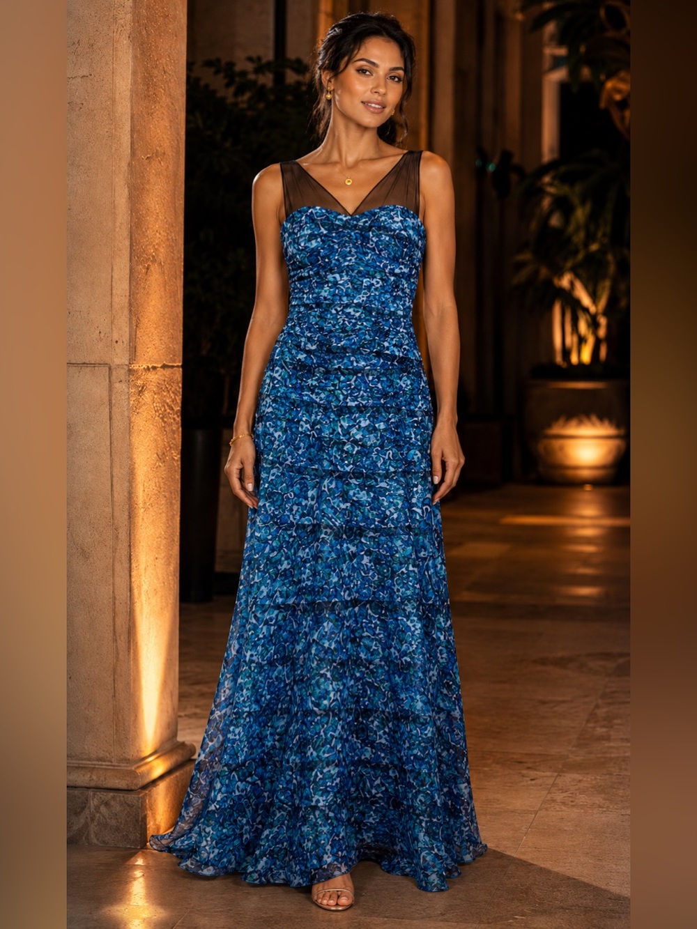 BCBGMaxAzria Erika Blue Green Mesh Evening Gown Size 12